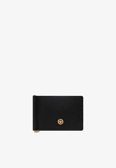 Versace Medusa Biggie Bi-fold Clip Wallet In Grained Leather In Black