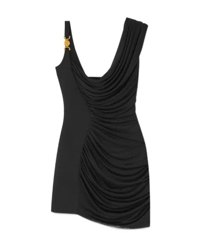 Versace Asymmetric Embellished Draped Jersey Mini Dress In Black