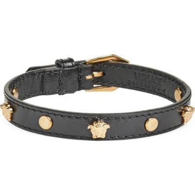 Versace Leather Medusa Bracelet In Black- Gold (black)