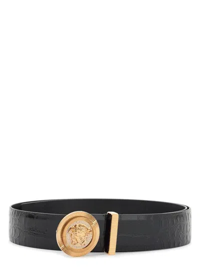 VERSACE MEN'S EMBOSSED CROCODILE CALFSKIN BELT WITH RHINESTONES 40MM