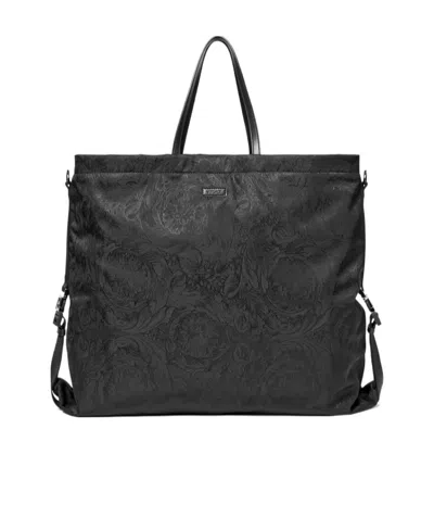 Versace Neo Nylon Jacquard Tote Bag In Black