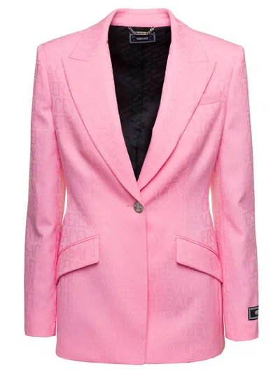 Versace Pink Single-breasted Jacket With All-over Tonal Logo Lettering Print In Wool Woman