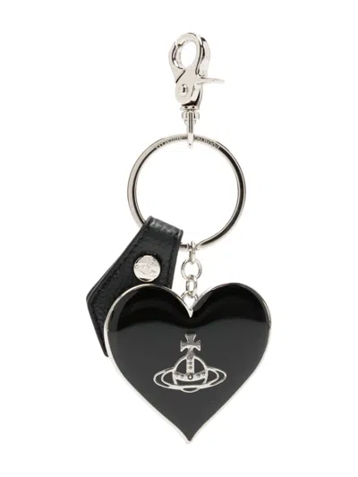 Vivienne Westwood Grain Leather Mirror Heart Orb Keyring In Black