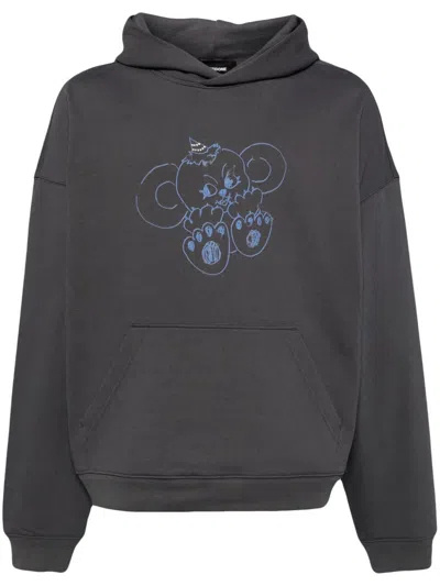 We11 Done Monster-print Cotton Hoodie In Charcoal