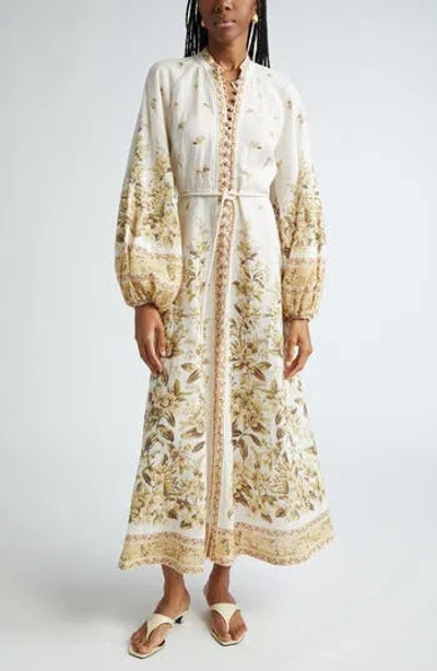 Zimmermann Golden Belted Floral-print Linen Midi Dress In Multi