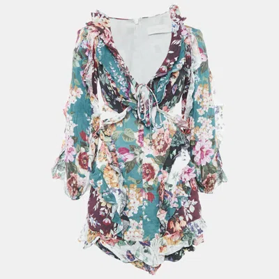 Pre-owned Zimmermann Green/burgundy Floral-print Linen Allia Cutout Ruffled Mini Dress M
