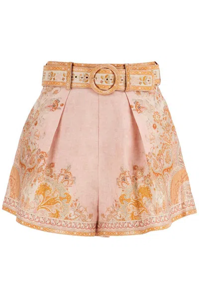 Zimmermann Acacia Belted Pleated Printed Linen Shorts In Multi