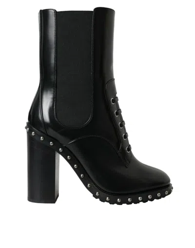 DOLCE & GABBANA BLACK LEATHER STUDDED LACE UP BOOTS SHOES 