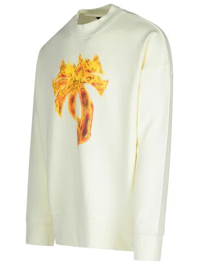 Shop Palm Angels 'burning Palm' Cream Cotton Sweatshirt