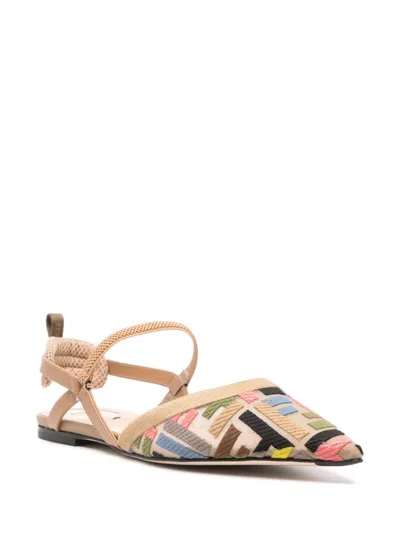 Shop Fendi Pointed Toe Slingback Flats In Tan
