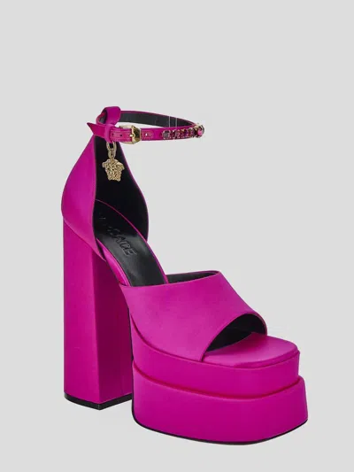Shop Versace Fucsia Satin Medusa Sandals In Pink