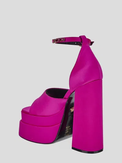 Shop Versace Fucsia Satin Medusa Sandals In Pink