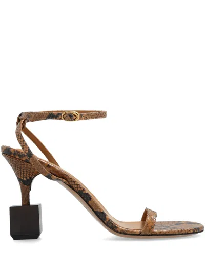 Jacquemus Bisou Block Heel Snakeskin Square Toe Sandals In 褐色