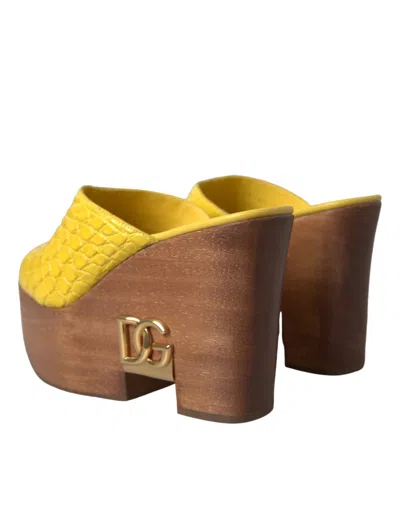 DOLCE & GABBANA DOLCE & GABBANA YELLOW LEATHER WOOD MULE WEDGE SLIDES WOMEN'S SHOES 