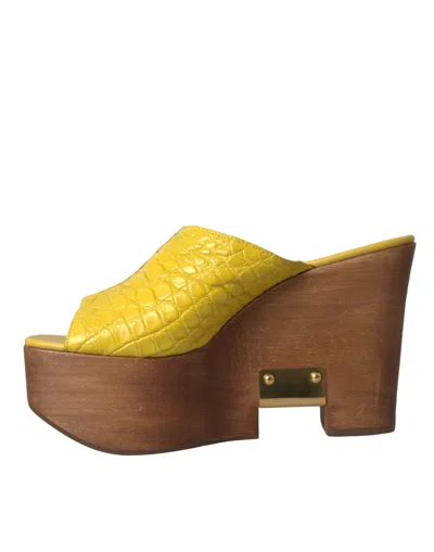 Shop Dolce & Gabbana Yellow Leather Wood Mule Wedge Slides Women's Shoes