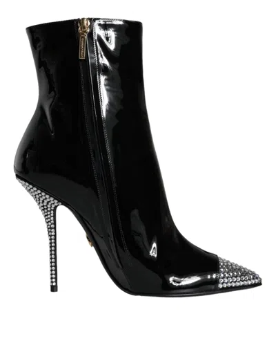 Shop Dolce & Gabbana Black Patent Leather Crystal Heel Boots Women's Shoes