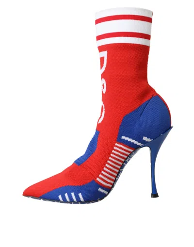 Dolce & Gabbana Red Blue Stretch Sock Style Ankle Boots Logo Shoes In Multicolor