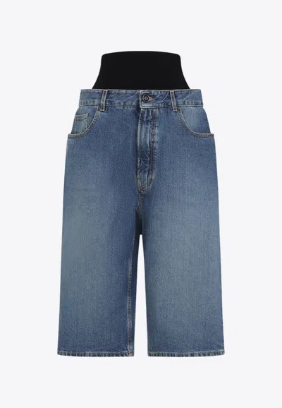 Shop Alaïa Knitted Waistband Denim Bermuda Shorts In Blue