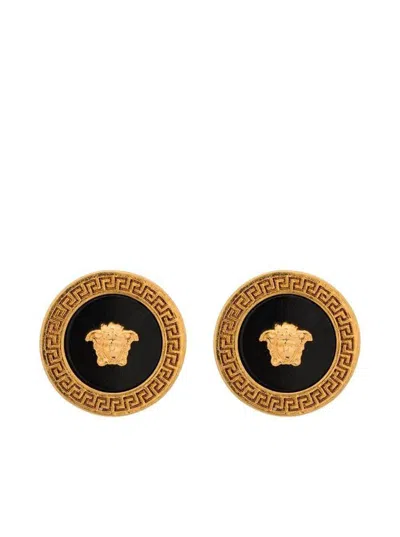 Shop Versace Black And Gold Earrings With Medusa Detail In Grey