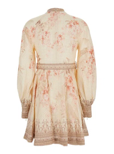 Zimmermann Illuminate Beige Mini Dress With Belted Waist And All-over Floral Print In Linen Woman