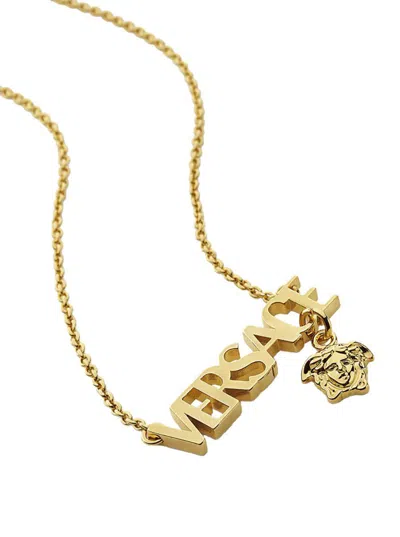 Versace Metallic Necklace With Logo Lettering Pendant And Medusa Pendant In Metal Man