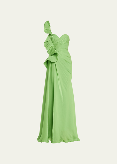 Badgley Mischka Botanical Leaf Ruched Ruffle Sweetheart Gown In Aloe